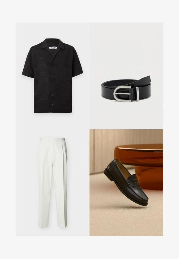 Chemise noire en tricot à manches courtes avec boutons, rayures horizontales à tricotage ouvert à motifs et col style camp.; Pantalon blanc ajusté taille haute avec passants de ceinture et plis sur le devant, présenté sur un fond uni.; Chaussure mocassin en cuir noir suspendue au-dessus d’un tapis beige avec du mobilier moderne couleur ambre en arrière-plan.; Ceinture en cuir noir avec une texture lisse, dotée d'une boucle en métal argenté et d'une forme rectangulaire classique.