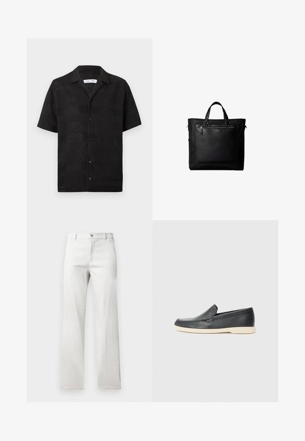 Chemise noire en tricot à manches courtes avec boutons, rayures horizontales à tricotage ouvert à motifs et col style camp.; Pantalon gris clair avec une coupe droite, fabriqué dans un tissu lisse, doté d'une fermeture à bouton à l'avant et de poches latérales.; Mocassin noir en cuir à enfiler avec semelle beige, positionné en suspension près d'un porte-revues en fil métallique sur un sol en terrazzo.; Sac cabas noir avec doubles poignées, grande poche avant en cuir avec fermeture éclair et logo discret Calvin Klein au centre de la poche.
