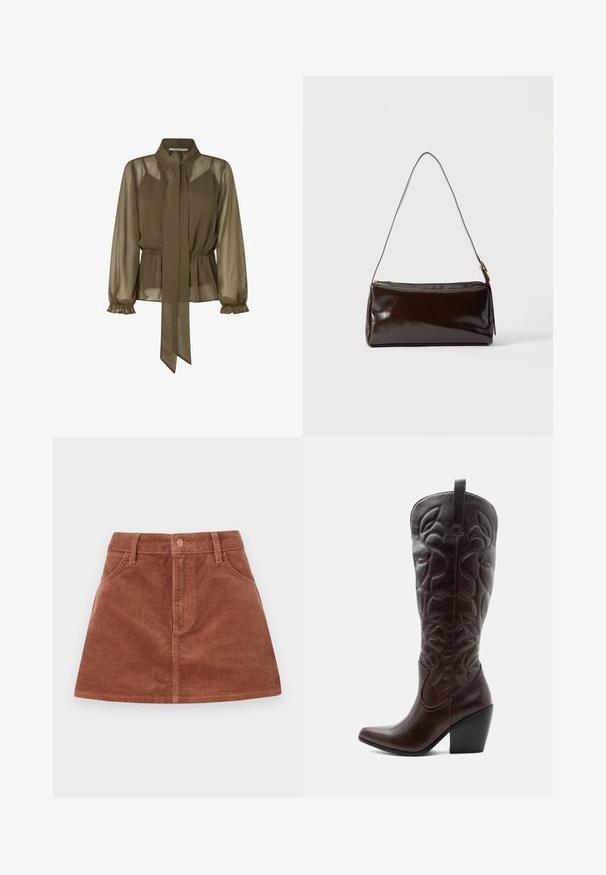 Olivenfarvet, gennemsigtig bluse med en bundet krave, elastisk talje og flæseærmer. Letvægtsstof med et flydende design.; Brun corduroy mini nederdel med vertikal ribbet tekstur, forlommer, en knaplukning og en lige snit.; Høj mørkebrun læder cowboystøvle med syede dekorative mønstre, spids tå og stablet blokhæle.; Mørkebrun rektangulær læder skuldertaske med en enkelt tynd rem og spænde i guldton på en ensfarvet baggrund.