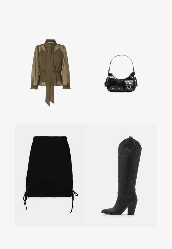 Olivenfarvet, gennemsigtig bluse med en bundet krave, elastisk talje og flæseærmer. Letvægtsstof med et flydende design.; Even&Odd by Zalando Mini skirts - black; Zign by Zalando LEATHER - Cowboy- / bikerstøvler - black; Sort patenteret læder håndtaske med en buet form, en skulderrem, frontlommer og hardware accenter i sølvfarve.