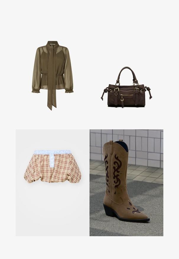 Olivenfarvet, gennemsigtig bluse med en bundet krave, elastisk talje og flæseærmer. Letvægtsstof med et flydende design.; Ternede puffede shorts i brun, beige og rød med en lyseblå stribet taljeelastik og knapdetaljer foran.; Tan ruskind cowboystøvle med mørkebrune dekorative udskæringer og syninger, stående på fortov foran en flisebelagt væg.; Mørkebrun læderhåndtaske med dobbelte håndtag, forreste lynlåslomme, dekorative spænder og sideknuder på hvid baggrund.