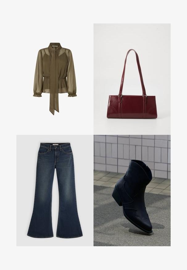 Olivenfarvet, gennemsigtig bluse med en bundet krave, elastisk talje og flæseærmer. Letvægtsstof med et flydende design.; Mørkeblå udvidede jeans med knap- og lynlåslukning, bæltestropper, forlommer og diskrete falmede detaljer på lårene.; Sort læderankelstøvle med lav hæl, dekorative syninger og spids tå, placeret opret på en brolagt overflade ved siden af en flisebelagt væg.; Bordeaux håndtaske lavet af glansfuldt materiale, rektangulær form, med to skulderremme og subtile buede detaljer på forsiden.