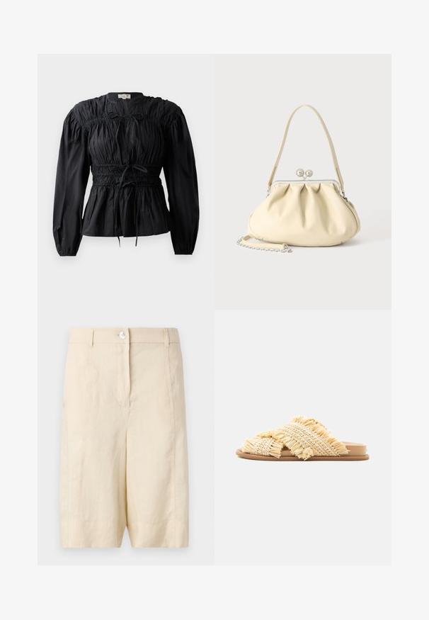 Sort bluse med lange ærmer, rynket stof, smocket talje og bindedetalje, med rund halsudskæring og glat overflade.; Bebé linnedshorts med en glat tekstur, der har en frontknaplukning, skræddersyet design og en lige skæring ved kanten.; Slip-on sandal med flad sål og vævede beige strå krydsremme med frynset kant, vist på en hvid baggrund.; Cremefarvet blødt læder håndtaske med indsamlet design, sølvramme-lukkemekanisme, kort hank og aftagelig kæderem.