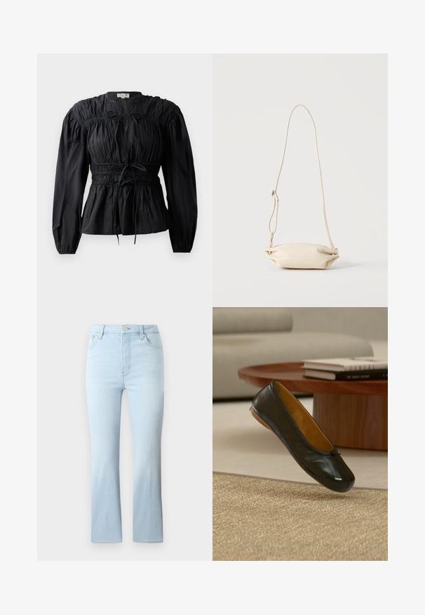 Sort bluse med lange ærmer, rynket stof, smocket talje og bindedetalje, med rund halsudskæring og glat overflade.; FRAME THE REBOOT CROP - Jeans Bootcut - light blue; Sort læder balletflad sko med lille sløjfedetalje, svævende over et vævet beige tæppe i en stue med et træ sofabord og bøger.; Lille beige læder crossbody taske med justerbar rem, vist mod en ensfarvet lys baggrund.