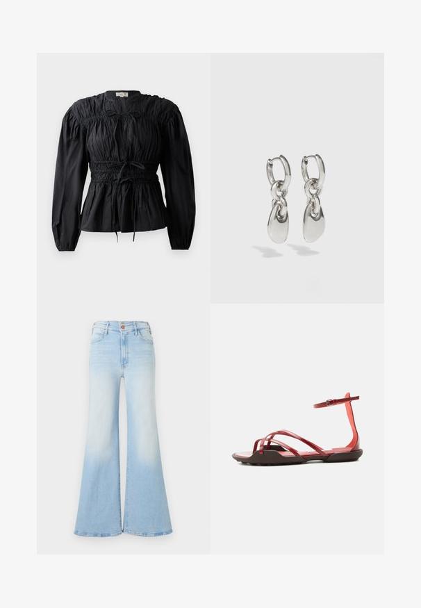 Blusa negra de manga larga con tela recogida, cintura fruncida y detalle de lazo, que presenta un escote redondo y una textura suave.; Vaqueros de mezclilla azul claro de talle alto con piernas acampanadas anchas, cierre frontal con botones y bolsillos delanteros y traseros.; Sandalia plana roja con múltiples tiras finas, hebilla en el tobillo y una suela marrón ligeramente elevada sobre un fondo claro y sencillo.; Pendientes de aro de plata con enlaces ovalados alargados, con un acabado pulido y un colgante con textura. Diseño sencillo con bordes suaves.