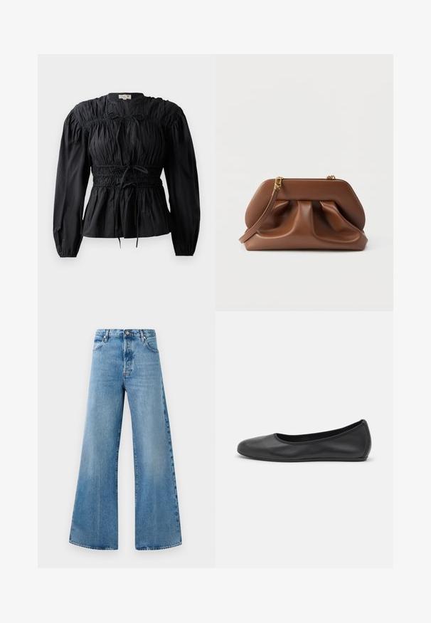 Sort bluse med lange ærmer, rynket stof, smocket talje og bindedetalje, med rund halsudskæring og glat overflade.; Bredde ben lyseblå denim jeans med høj talje, der har forlommer, knaplukning og subtle falmede detaljer.; Sort læderballetsko med rund tå, glat tekstur, minimal syning og et fleksibelt såldesign.; Brun clutchtaske i læder med rynket design, guldfarvet hardware og aftagelig håndledsrem på hvid baggrund.
