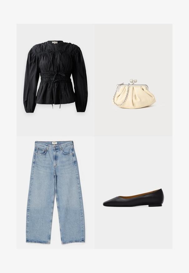 Sort bluse med lange ærmer, rynket stof, smocket talje og bindedetalje, med rund halsudskæring og glat overflade.; Agolde Baggy jeans - light-blue denim; Sort læder flad sko med spids tå, lav hæl og glat finish, vist fra siden på en lysegrå baggrund.; Plisseret beige læderclutch med en sølvmetalramme, der har to runde dekorative låse og en sølvkædetrasporte.
