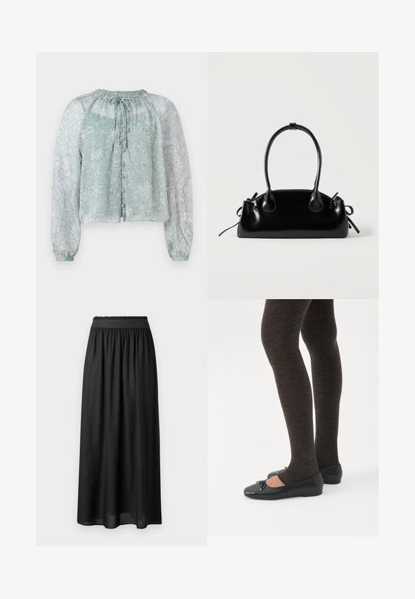 Blouse légère bleu clair en tissu transparent avec un motif floral, encolure froncée, manches bouffantes longues et fermeture à boutons sur le devant.; Jupe noire mi-longue en tissu léger, dotée d'une taille élastique et d'une silhouette fluide avec une texture douce.; Jambes portant des leggings côtelés foncés associés à des ballerines noires avec de petits détails en nœud sur fond blanc.; Petit sac à main noir brillant avec deux longues anses et des détails à cordon sur les côtés sur un fond clair uni.