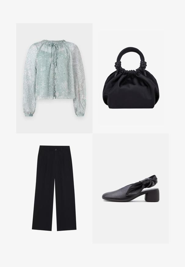 Blouse légère bleu clair en tissu transparent avec un motif floral, encolure froncée, manches bouffantes longues et fermeture à boutons sur le devant.; Pantalons larges noirs en tissu lisse. Comprend des plis à l'avant, une fermeture à bouton et des poches latérales. Design simple sans motifs.; Chaussure slingback en cuir noir avec bout arrondi, détail de bride nouée et petit talon carré sur fond blanc.; Sac à main en tissu noir doux avec haut froncé et poignées circulaires rembourrées nouées de chaque côté.