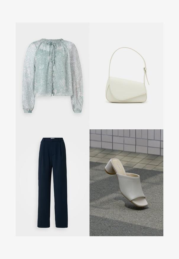Blouse légère bleu clair en tissu transparent avec un motif floral, encolure froncée, manches bouffantes longues et fermeture à boutons sur le devant.; Good American LUXE SUITING COLUMN TROUSER - Pantalon classique - new navy; Mule blanche à bout ouvert avec talon bloc sur sol pavé près d'un mur carrelé, inclinée pour montrer les vues latérale et supérieure.; Sac à main en cuir synthétique blanc avec une forme triangulaire structurée, une bandoulière unique réglable et un rabat à courbes accentuées.