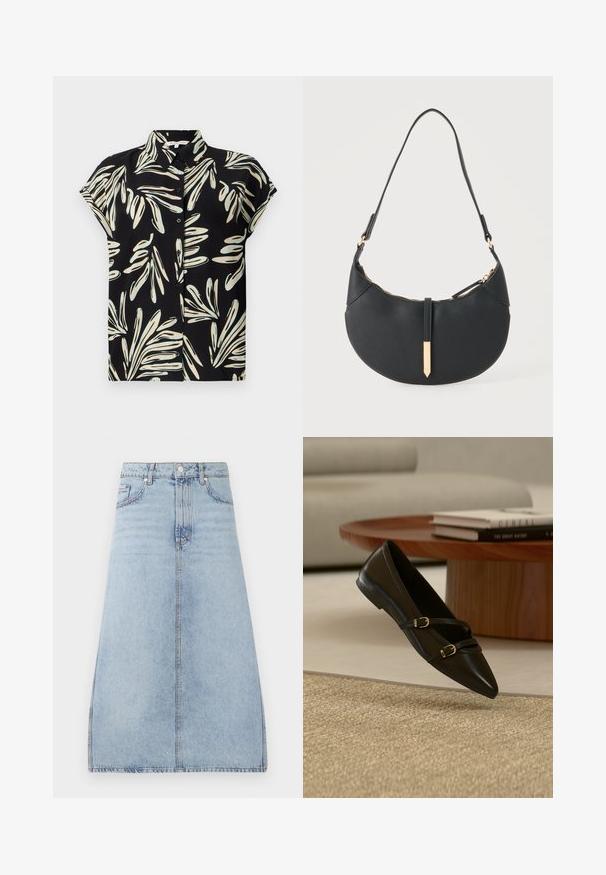 Schwarzes Kurzarmhemd mit einem weißen und hellblauen Blattmuster, mit einer Knopfleiste und einem normalen Kragen.; Helle blaue Jeans-Midirock mit Frontknopf- und Reißverschluss, seitlichen Taschen und Gürtelschlaufen, auf einem weißen Hintergrund präsentiert.; Schwarzer flacher Schuh mit spitzer Zehenpartie und zwei dünnen Schnallenriemen, der über einem beigen Teppich schwebt, mit einem Holzcouchtisch und Büchern im Hintergrund.; Schwarze halbmondförmige Handtasche mit einem einzelnen Träger, goldenem Reißverschluss und einer goldenen rechteckigen dekorativen Lasche vorne.