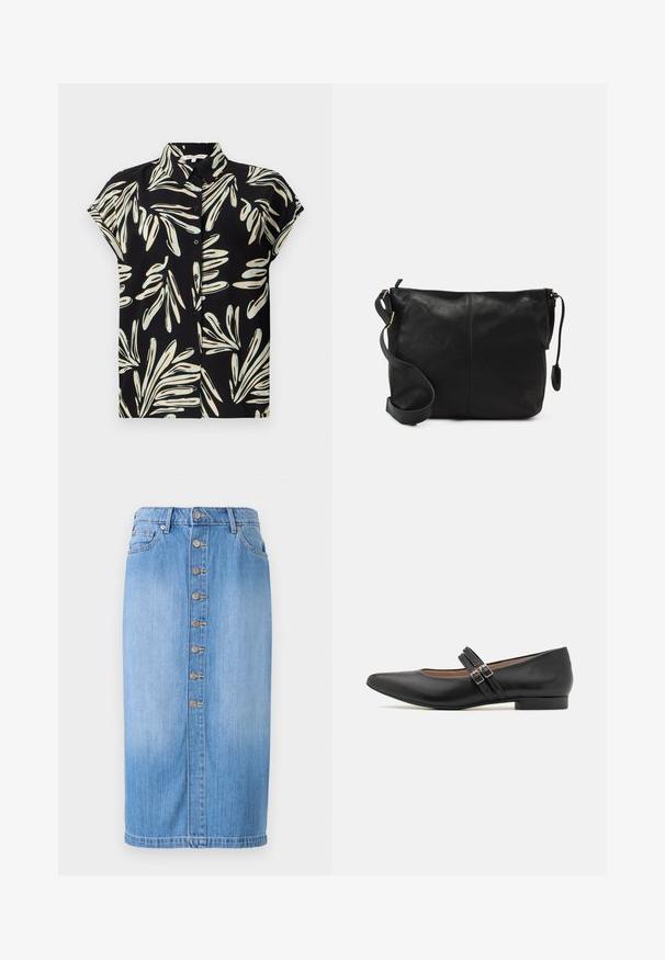 Zwart shirt met korte mouwen, versierd met een wit en lichtblauw bladerenpatroon, met een knopenlijst aan de voorkant en een normale kraag.; Blauwe denim midi-rok met een rechte snit, voorzien van een sluiting met knopen aan de voorkant, vijf zakken en een vervaagde wassing voor textuur.; Zwarte leren Mary Jane-stijl schoen met puntige neus, twee riempjes met gesp, lage hak en een gladde textuur. Ontworpen voor een formele uitstraling.; Zwarte leren schoudertas met een platte vorm, gouden hardware-accenten en een verstelbare schouderband. Gladde textuur met minimale stikdetails.