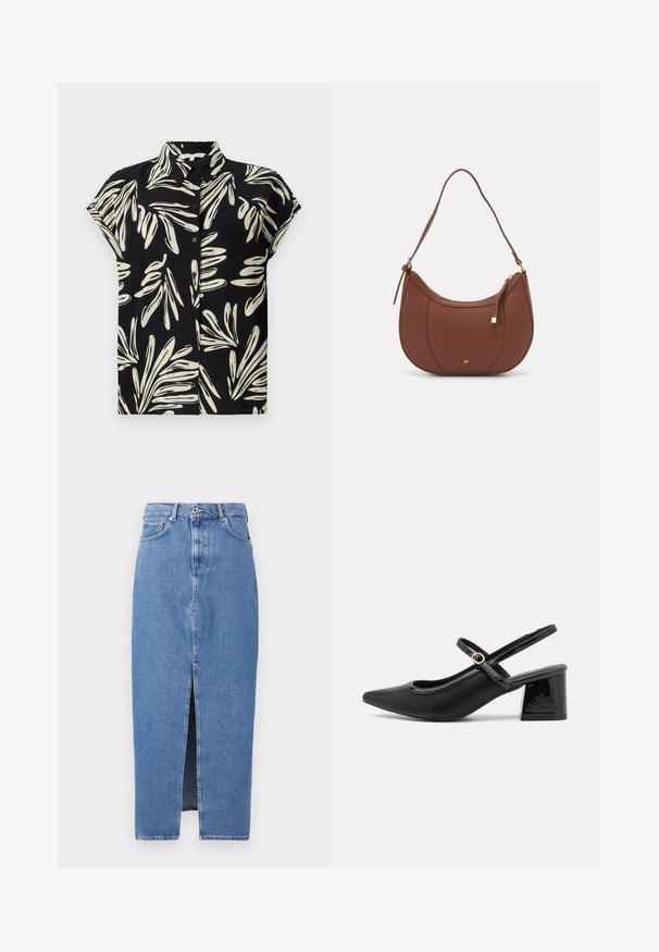Zwart shirt met korte mouwen, versierd met een wit en lichtblauw bladerenpatroon, met een knopenlijst aan de voorkant en een normale kraag.; Lichtblauwe denim midi-jurk met een voorkant split, klassieke vijf zakken ontwerp en sluiting met bovenste knoop. De stof heeft een lichte textuur.; Zwarte gepolijste leren slingback hakken met een spitse neus, een ronde uitsnede en een blokhak. Voorzien van een gouden gespaccent.; Bruine faux leren schoudertas met een gebogen vorm, minimale stiksels en een gouden hardware-accent. Voorzien van een bovenste ritsluiting en een verstelbare schouderband.