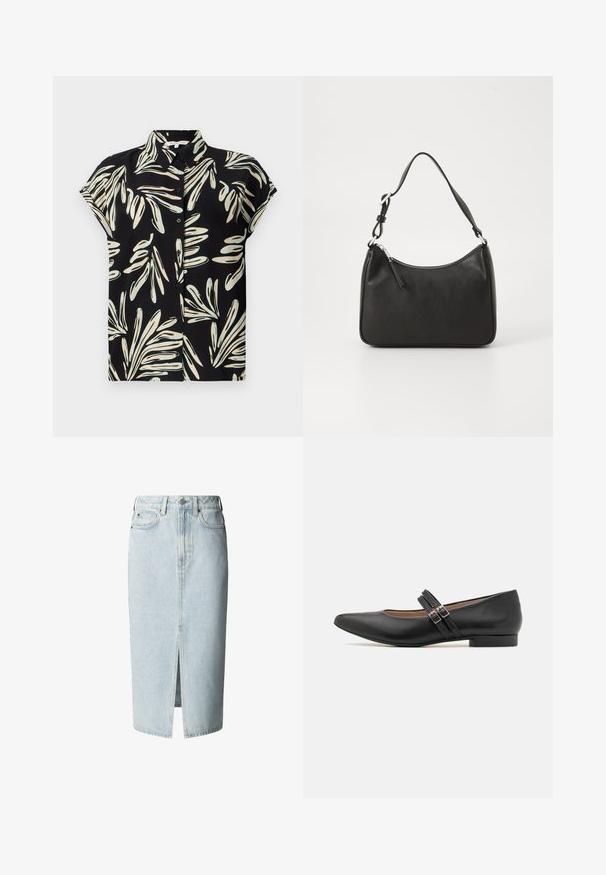 Musthave musta lühikeste varrukatega särk, millel on valge ja helesinine lehe muster, nupukinnitatud ees ja tavaline krae.; Hele sinine denim midi seelik eeslõhikuga, vööaasad, nööbi- ja lukusulgur, ees- ja tagataskud.; Must värvitud nahast Mary Jane stiilis king, terava varba, kahe rihma ja konksuga, madala kontsaga ning sujuva tekstuuriga. Kujundatud ametlikuks välimuseks.; Must musta käekott, millel on kumer kuju, üks rihm, lukuga sulgemine ja peen brändimine esiküljel. Sile tekstuur, minimalistlik disain.