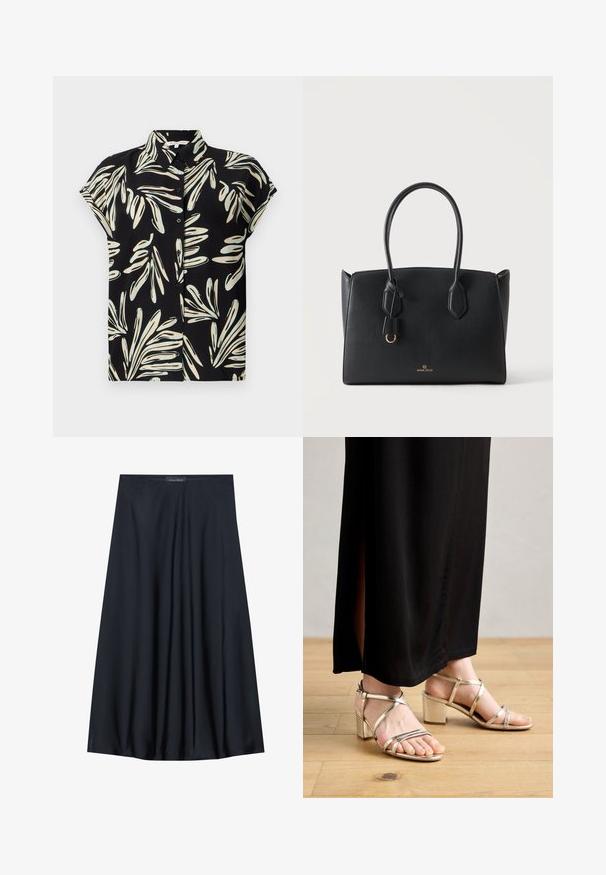 Musthave musta lühikeste varrukatega särk, millel on valge ja helesinine lehe muster, nupukinnitatud ees ja tavaline krae.; Must have pikk, kerge materjaliga must seelik, millel on voogav disain. Omab siledat tekstuuri ja peeneid voldikesi lisadetailiks.; Kuldseid rihmadega kontsasid, millel on plokknokk, metalliline viimistlus, pahkluu rihm ja avatud varvastega disain. Koos musta maxi-seelikuga.; Must ristkülikukujuline käekott kahe sangaga, väike kuldne rõngasdetail ja "ANNA FIELD" logo ees keskel valgel taustal.