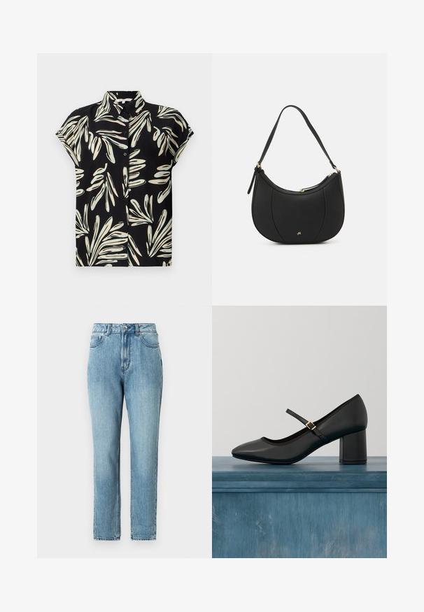 Sort kortærmet skjorte med et hvidt og lysblåt bladmønster, knaplukning foran og almindelig krave.; TOM TAILOR DENIM Mom-jeans - clean mid stone blue denim; Sort Mary Jane-sko med blokhæl og guldfarvet spænde, svævende over et glat betongulv i en minimalistisk indendørs setting.; Sort læderhåndtaske med en buet form, struktureret overflade, forreste syninger og et logo i guldfarve. Har en enkelt justerbar rem.