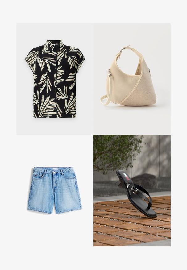 Chemise noire à manches courtes avec un motif de feuilles blanc et bleu clair, dotée d'une fermeture à boutons devant et d'un col classique.; Shorts en denim bleu clair avec ourlet effiloché, cinq poches et fermeture par bouton à l'avant. Présente des accents cousus et une étiquette de logo sur la taille.; Sandale à talon noir avec bride entre les orteils et boucle argentée, posée sur un sol en carreaux de bois en extérieur, avec un arrière-plan flou de verdure et de mur.; Sac à main beige en forme de croissant avec textures de tissus mélangées, poignée courte et bandoulière amovible, sur fond clair.