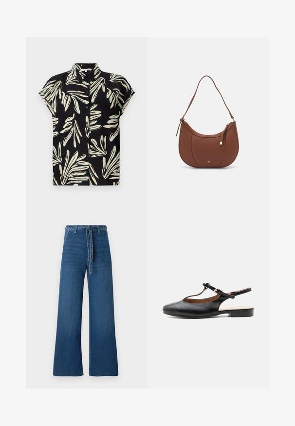 Sort kortærmet skjorte med et hvidt og lysblåt bladmønster, knaplukning foran og almindelig krave.; TOM TAILOR DENIM TTMIJA CULOTTE FIT - Flared jeans - used mid stone blue denim; Sort læder flad slingback-sko med T-rem og guldlås på neutral baggrund.; Brun faux læder skuldertaske med buet form, minimal syning og en guldtonet hardwaredetalje. Har en top lynlåslukning og justerbar rem.