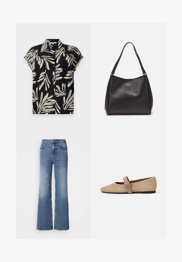 Camisa negra de manga corta con un patrón de hojas en blanco y azul claro, con un cierre de botones en la parte delantera y un cuello normal.; Mos Mosh MAI - Vaqueros rectos - blue wash; Bailarinas de ante beige estilo Mary Jane con punta afilada y una sola correa ajustable con hebilla de plata. Suela plana negra.; Bolso de mano de cuero sintético negro con una textura suave, forma de hobo y doble asa; presenta un acabado brillante y un diseño minimalista.