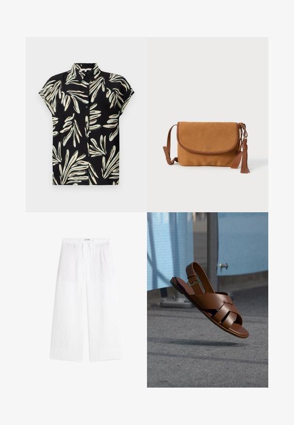 Chemise noire à manches courtes avec un motif de feuilles blanc et bleu clair, dotée d'une fermeture à boutons devant et d'un col classique.; Pantalon blanc à jambes larges avec taille élastique et cordon de serrage noué, fabriqué en tissu léger.; Sandale en cuir marron avec des brides tissées et une boucle à la cheville, suspendue en l'air au-dessus d'un sol pavé près d'une barrière bleue.; Sac bandoulière en daim marron avec garniture en cuir, fermeture à rabat et un pompon décoratif. Présente un design simple et une sangle réglable.