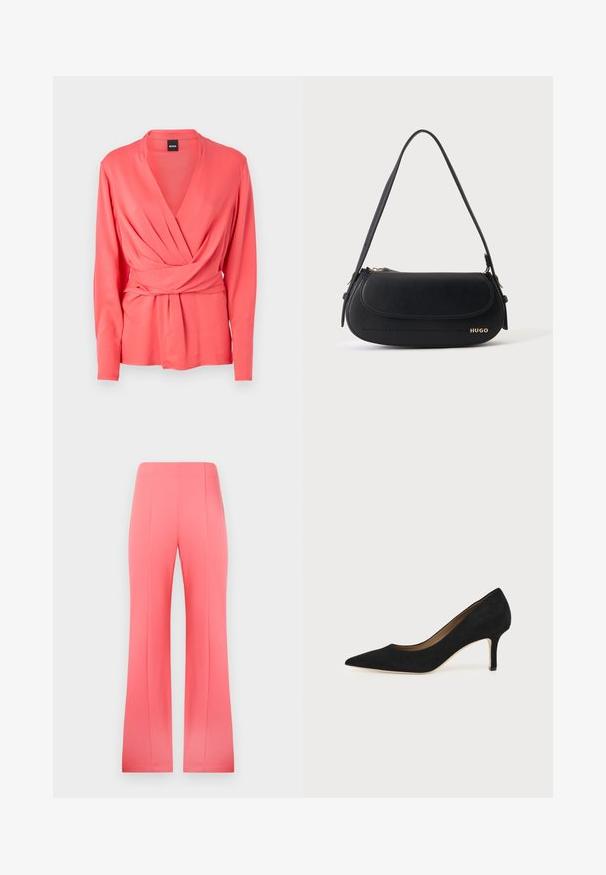 Top envolvente de manga larga color coral con escote en V profundo y parte delantera fruncida. Confeccionado en una tela suave, cuenta con una cintura atada para un ajuste ajustable.; Pantalones acampanados rosas hechos de una tela suave y elástica. Presentan una forma alargada con pliegues frontales y una cintura ajustada.; Salón de ante negro con punta puntiaguda, tacón de aguja delgado de altura media y diseño de corte bajo sobre un fondo liso.; Bolso de hombro de cuero negro con solapa curva, logo dorado "HUGO" en el frente y una correa ajustable.