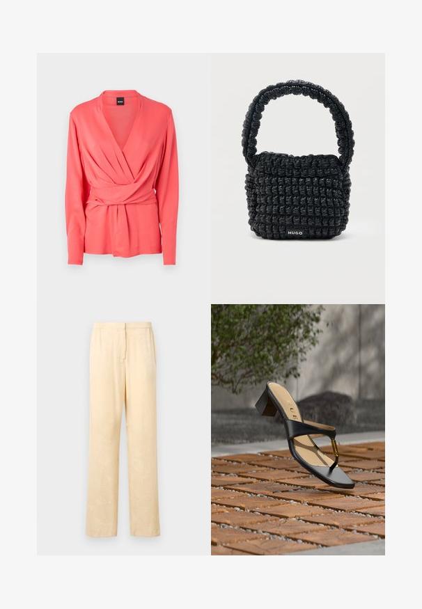 Top envolvente de manga larga color coral con escote en V profundo y parte delantera fruncida. Confeccionado en una tela suave, cuenta con una cintura atada para un ajuste ajustable.; Pantalones sueltos de color amarillo claro con un sutil estampado de hojas. Cuentan con una cinturilla elástica y un diseño de pierna recta. Textura suave.; Sandalia negra de tacón con lazo para el dedo y acento dorado, colocada sobre una superficie pavimentada de madera y piedra al aire libre cerca de vegetación.; Bolso pequeño negro acolchado con asa corta acolchada y etiqueta "HUGO" en el frente, exhibido sobre un fondo claro y liso.