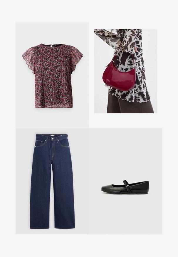 Blouse noire en tissu transparent avec imprimé floral rouge et rose, manches volantées, col rond et fermeture par bouton avec ouverture en trou de serrure au dos.; Jeans en denim bleu foncé à jambes larges avec une taille haute, dotés de cinq poches, passants de ceinture et détails de couture en cuivre. Texture lisse.; Ballerines en cuir noir avec un bout arrondi, une semelle plate et une fine sangle ajustable sur le cou-de-pied avec une boucle en métal.; Femme portant un chemisier à motif noir et blanc tenant un sac à main rouge brillant sur un fond uni.