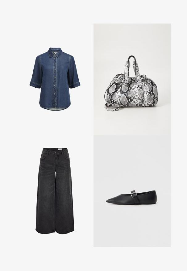 Chemise en denim à manches courtes avec col, boutons-pression en forme de perles et ourlet légèrement arrondi.; Pantalons en denim noir à jambes larges avec taille haute, poches avant et texture subtile ; conçus pour un ajustement décontracté.; Chaussure plate en cuir noir avec bout pointu et bride latérale à boucle. Texture lisse, design minimaliste, profil bas. Convient pour une tenue décontractée.; Sac à main en motif peau de serpent noir et blanc avec deux poignées, une fermeture à cordon et une bandoulière amovible. Texture lisse.
