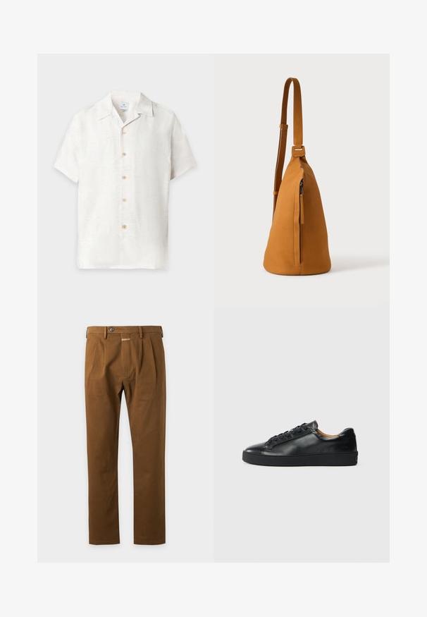 Chemise blanche à manches courtes avec boutons, motif floral subtil et col classique, affichée sur un fond uni.; Pantalon marron à jambes droites avec passants de ceinture, bouton à l'avant et détails plissés sur fond clair.; Baskets en cuir noir avec une texture lisse, bout rond et fermeture à lacets. Comprend une semelle en caoutchouc épaisse et un minimum de détails de marque.; Sac besace en cuir couleur fauve avec sangle réglable et poche verticale zippée, présenté de profil sur un fond clair uni.