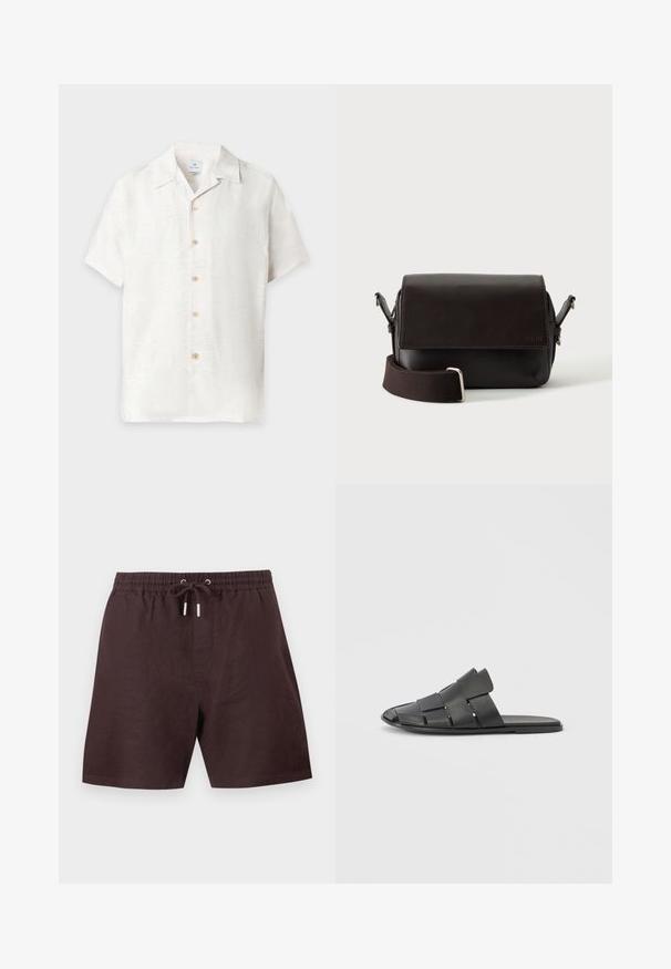 Chemise blanche à manches courtes avec boutons, motif floral subtil et col classique, affichée sur un fond uni.; Shorts décontractés marron avec taille élastique et cordon avec embouts métalliques, fabriqués en tissu léger.; Sandale noire à enfiler avec dessus en cuir tressé, conception à bout ouvert et semelle plate. Caractéristiques : texture lisse et esthétique minimaliste.; Sac bandoulière en cuir marron foncé avec fermeture à rabat et sangle en tissu réglable sur fond blanc.