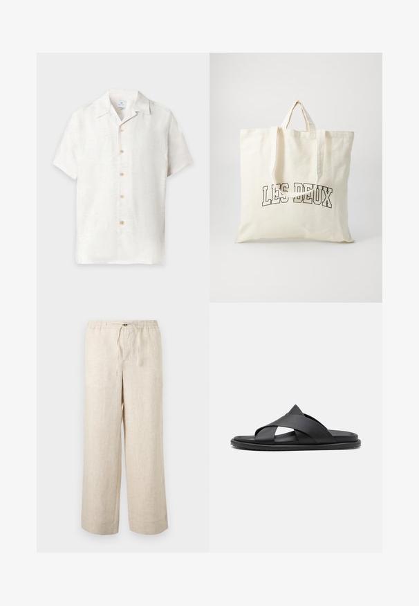 Chemise blanche à manches courtes avec boutons, motif floral subtil et col classique, affichée sur un fond uni.; Pantalon large en lin beige avec taille élastique, bouton à l'avant et fermeture par cordon, présenté sur un fond clair uni.; Stuart Weitzman BERKLEY - Mules - black; Sac fourre-tout en toile de couleur ivoire, avec des poignées courtes et le texte imprimé "LES DEUX" en lettres noires en gras. Design durable et simple.