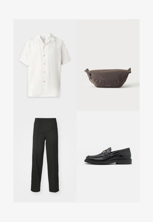 Chemise blanche à manches courtes avec boutons, motif floral subtil et col classique, affichée sur un fond uni.; Pantalons noirs en tissu extensible, à coupe droite, avec poches zippées sur les côtés et texture lisse sans motifs visibles.; Mocassins en cuir noir avec un embout rond, présentant des accents en métal doré et des détails de couture, montés sur une semelle en caoutchouc texturé et basse.; Sac banane en tissu marron foncé avec poche zippée en diagonale et petit logo blanc sur le devant, sur un fond clair uni.