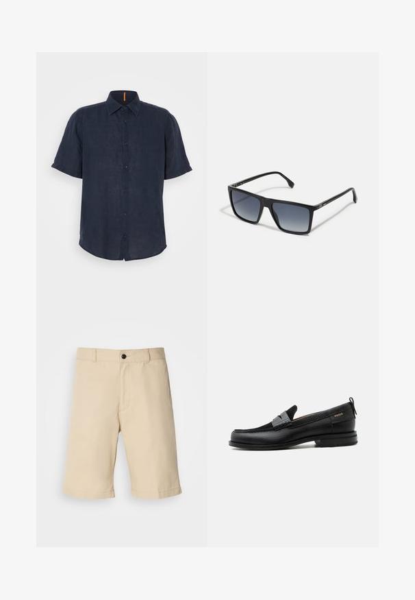 Camisa de manga corta en lino azul marino oscuro, con cierre de botones en la parte delantera, cuello puntiagudo y un sutil acento naranja en el escote. Textura suave y corte casual.; Pantalones cortos beige confeccionados con tejido ligero, con un diseño de frente plano, cintura estándar con cierre de botón y dobladillo recto.; Mocasín de cuero negro con detalle de tira gris, tacón bajo y suela texturizada, con la marca "HUGO" en oro en el lateral.; Gafas de sol rectangulares negras con lentes degradados de oscuros a claros. Montura de plástico con diseño elegante y mínima decoración en los laterales.