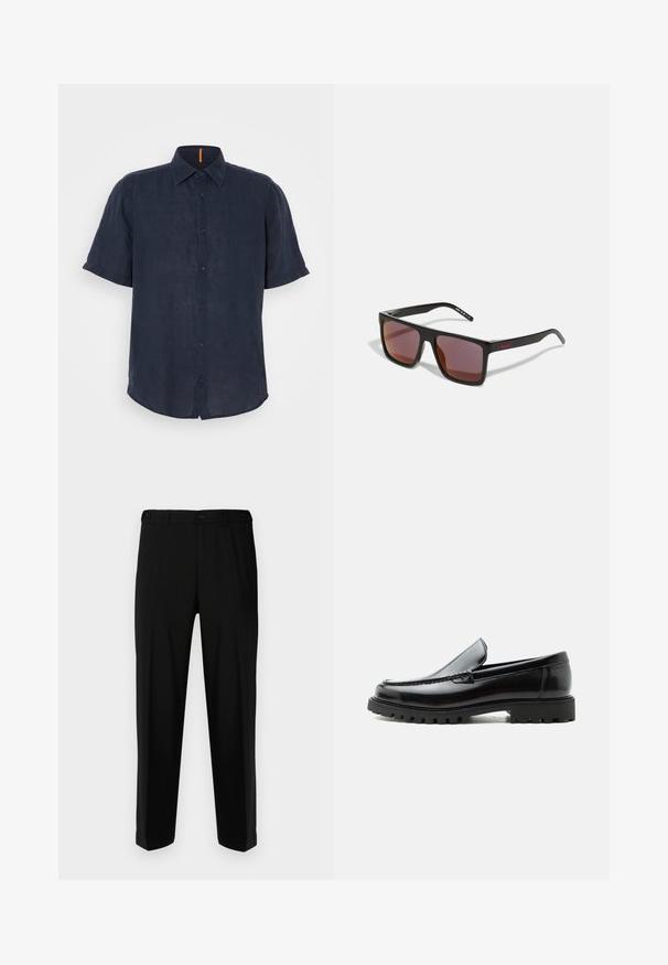 Chemise à manches courtes en lin bleu marine, avec un devant à boutons, un col pointu et un subtil accent orange au niveau du cou. Texture douce et coupe décontractée.; Pantalon noir en tissu lisse, présentant une coupe droite, deux poches avant et une fermeture à glissière avec bouton.; Mocassin en cuir noir avec semelle en caoutchouc épaisse, dessus cousu et nom de marque embossé sur le talon, présenté de profil sur fond blanc.; Lunettes de soleil rectangulaires noires avec des verres rouge foncé, présentant une finition mate et un logo rouge sur la branche. Monture en plastique robuste.