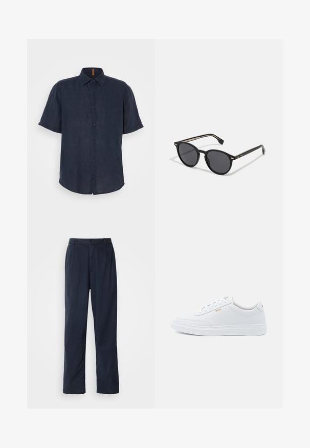 Camisa de manga corta en lino azul marino oscuro, con cierre de botones en la parte delantera, cuello puntiagudo y un sutil acento naranja en el escote. Textura suave y corte casual.; Pantalones azul marino de mezcla de algodón. Cuentan con un diseño de pierna recta, cierre frontal con boton, y pliegues sutiles. Textura suave.; Zapatillas de cuero blanco con textura suave, puntera redondeada y costuras tonales. Cuentan con cordones azules y un logo dorado en el lateral.; BOSS Gafas de sol - black