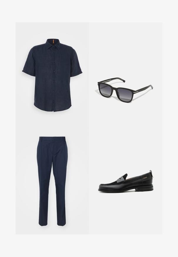 Camisa de manga corta en lino azul marino oscuro, con cierre de botones en la parte delantera, cuello puntiagudo y un sutil acento naranja en el escote. Textura suave y corte casual.; Pantalones azul marino de tejido suave, con un corte entallado, dos bolsillos frontales y un pliegue a lo largo de cada pierna para un aspecto pulido.; Mocasín de cuero negro con detalle de tira gris, tacón bajo y suela texturizada, con la marca "HUGO" en oro en el lateral.; BOSS Gafas de sol - black