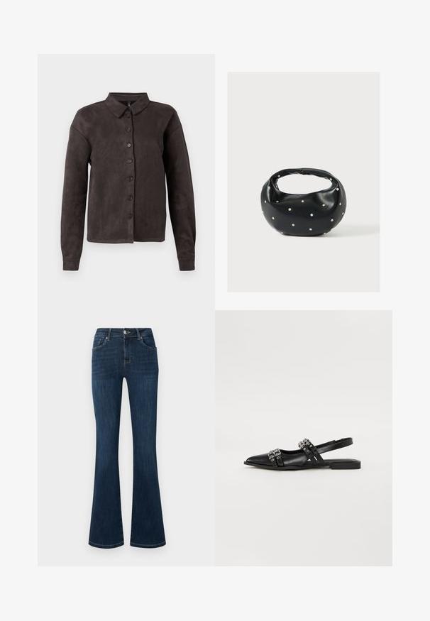 Chemise boutonnée marron foncé en tissu doux ressemblant au daim. Elle présente un col classique, des manches longues et six boutons sur le devant.; Jean en denim bleu foncé avec une taille mi-haute, style cinq poches et jambes évasées, présenté à plat sur un fond blanc.; Even&Odd by Zalando Ballerines à brides arrière - black; Sac à main en cuir noir de forme arrondie, décoré de clous argentés et équipé d'une poignée courte. Texture lisse et fermeture éclair.