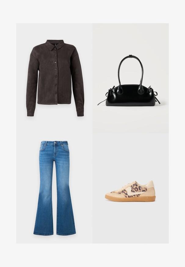 Chemise boutonnée marron foncé en tissu doux ressemblant au daim. Elle présente un col classique, des manches longues et six boutons sur le devant.; Jean en denim bleu évasé avec une taille mi-haute, cinq poches et des détails décolorés sur les cuisses. Accents en métal argenté sur les boutons.; Baskets en imprimé léopard avec tige en suède beige, semelle en caoutchouc tan et accents blancs. Bout rond et design à lacets avec une finition texturée.; Petit sac à main noir brillant avec deux longues anses et des détails à cordon sur les côtés sur un fond clair uni.