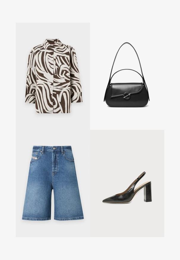 Camisa de botonada marrón y blanca con un patrón ondulado. Confeccionada con material texturizado, cuenta con un collar y un bolsillo en el pecho.; Shorts de mezclilla azul de cintura alta con botón delantero, cremallera, trabillas para cinturón y diseño de cinco bolsillos, mostrados sobre fondo blanco.; Zapato slingback de piel negra con puntera puntiaguda, tacón alto y ancho, y forro interior beige sobre un fondo claro y liso.; Bolso de hombro de cuero negro con una solapa curva asegurada por un broche metálico redondo y una correa delgada y ajustable.