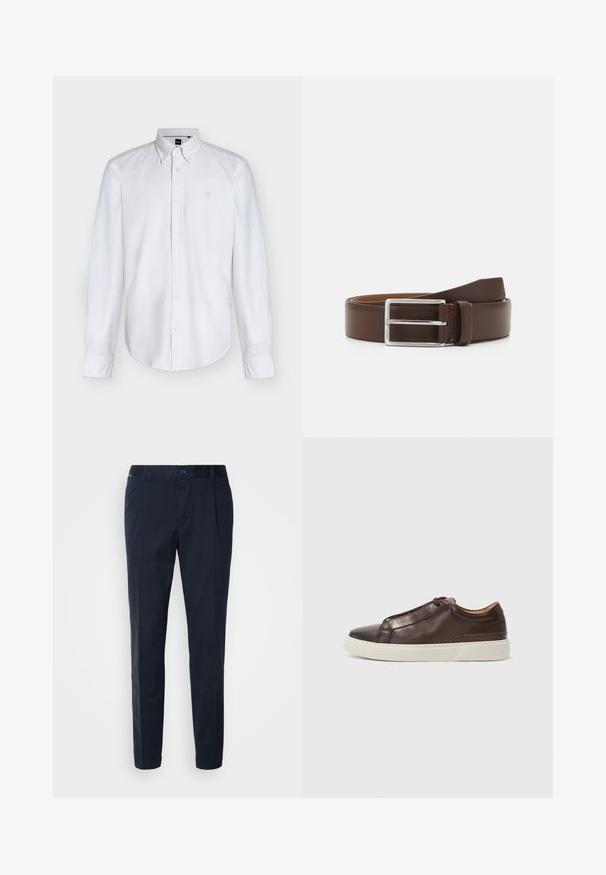 Chemise blanche à manches longues avec boutons, col boutonné et logo discret sur la poitrine, présentée sur un fond uni.; Pantalon bleu marine en mélange de coton, avec une coupe droite, des plis à l'avant et une fermeture à bouton à la taille. Texture lisse, sans motifs.; Baskets en cuir marron avec un embout arrondi, semelle en caoutchouc blanc contrastante, accents cousus et sans lacets visibles. Texture lisse dans l'ensemble.; Ceinture en cuir marron avec une texture lisse, dotée d'une boucle en métal argenté et de coutures contrastées sur les bords.