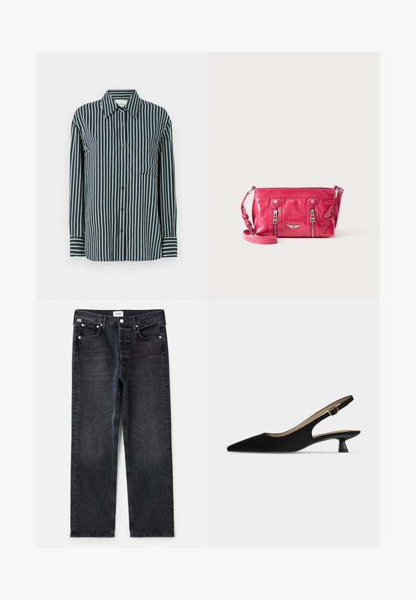 Knap-op skjorte med lodrette marineblå og lysegrønne striber, klassisk krave, lange ærmer og en enkelt brystlomme. Fremstillet af glat stof.; Sorte denimjeans med lige pasform, fem lommer, sølvhardware og en let falmet tekstur. Klassisk design med minimal detaljering.; Sort, spids slingback-sko med lav kitten-hæl og guldfarvet spænderem, vist i profil på ensfarvet lyst baggrund.; Lille blank lyserød crossbody taske med to lodrette lynlåslommer og en justerbar rem, vist mod en ensfarvet baggrund.