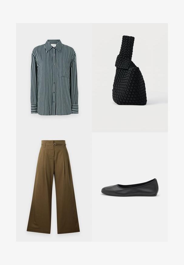 Een button-up shirt met verticale marineblauwe en lichtgroene strepen, een klassieke kraag, lange mouwen en een enkel borstzakje. Gemaakt van een gladde stof.; Brede broek in olijfgroene stof, met een hoge taille, voorplooien en een zilveren ronde riemgesp. Soepele textuur.; Zwarte leren ballerina met een ronde neus, gladde textuur, minimale stikdetails en een flexibele zoolontwerp.; Zwarte geweven handtas met een asymmetrisch ontwerp, voorzien van een getextureerd oppervlak en een hoog, smal handvat. Geen zichtbaar beslag of accenten.