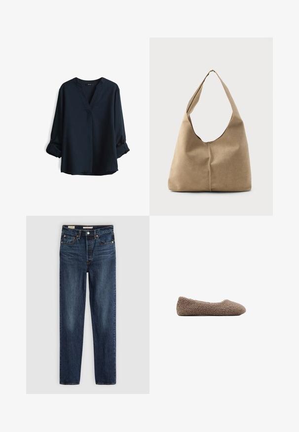 Navyblauwe blouse met lange mouwen, een V-hals en oprollende knopenmanchetten. Gemaakt van lichtgewicht stof met een relaxte pasvorm.; Diepblauwe rechte jeans met vijf zakken, knoop- en ritssluiting, en contrasterende stiksels.; Bruine, met fleece gevoerde ballerina met een ronde neus. Zachte textuur en naadloos ontwerp, met een low-profile silhouet. Geen zichtbare hardware.; Hobo tas in zacht beige suede met een slungelige vorm, brede schouderband en een handgestikte naad langs de voorkant.