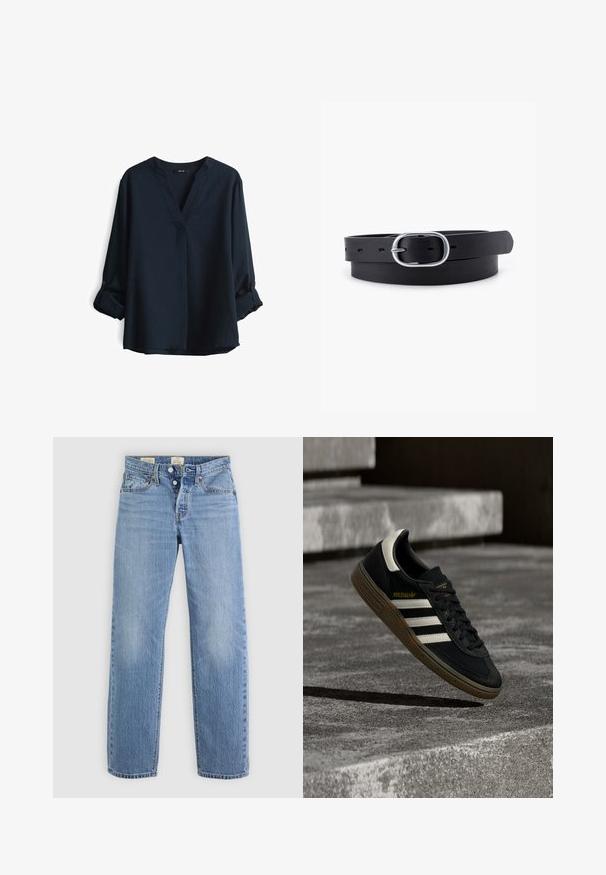 Navyblauwe blouse met lange mouwen, een V-hals en oprollende knopenmanchetten. Gemaakt van lichtgewicht stof met een relaxte pasvorm.; Lichtblauwe denim jeans met een recht model, metalen knoopsluiting, zijzakken en subtiele vervagingdetails doorheen.; Zwarte Adidas sneaker met witte strepen en gumzool die boven grijze betonnen trappen zweeft in natuurlijk licht.; Zwarte leren riem met een gladde textuur, ovaal zilveren metalen gespsluiting en meerdere verstelgaten langs de band. Platte, minimalistische uitstraling.