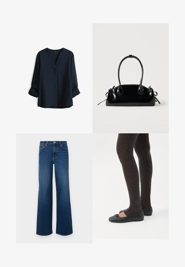 Navyblauwe blouse met lange mouwen, een V-hals en oprollende knopenmanchetten. Gemaakt van lichtgewicht stof met een relaxte pasvorm.; Brede denim jeans in donkerblauw met een textuurafwerking, voorzien van een knoopsluiting, vijf zakken en een rechte zoom.; Benen met donkere geribbelde leggings gecombineerd met zwarte ballerina's met kleine strikdetails op een witte achtergrond.; Kleine zwarte glanzende handtas met twee lange hengsels en zijkant trekkoord details op een effen lichte achtergrond.