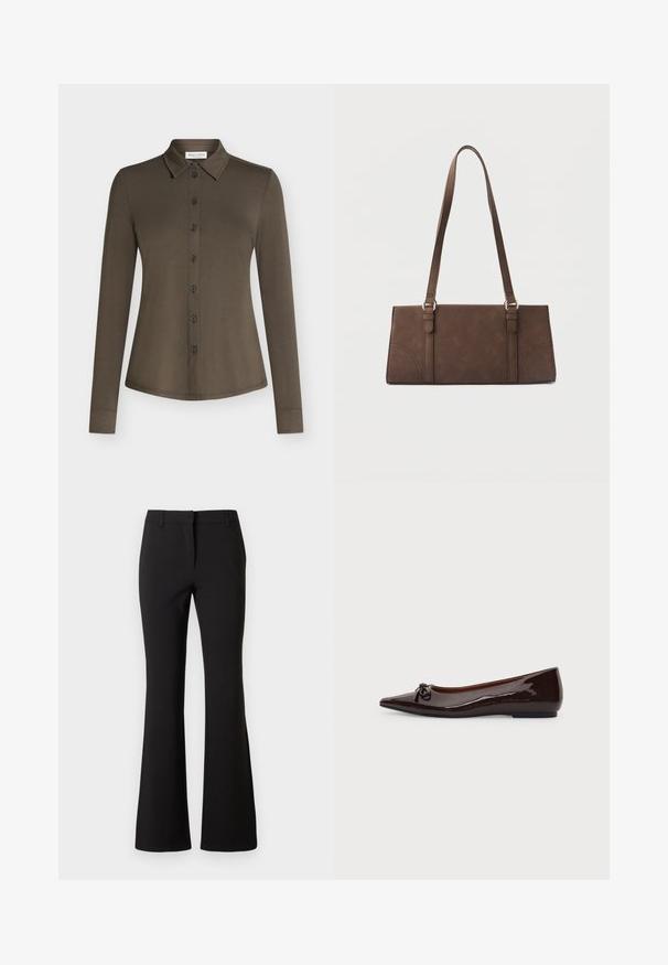 Chemise à manches longues vert olive foncé, boutonnée, col pointu et taille ajustée, présentée sur un fond clair et uni.; Pantalon évasé noir en tissu lisse, présentant un pli frontal, des passants de ceinture et une coupe ajustée. Design épuré sans motifs visibles.; Chaussure plate marron brillante à bout pointu avec un petit nœud sur le devant et un petit talon sur un fond uni.; Sac à bandoulière rectangulaire marron avec longues sangles et détails de couture minimalistes sur un fond uni.