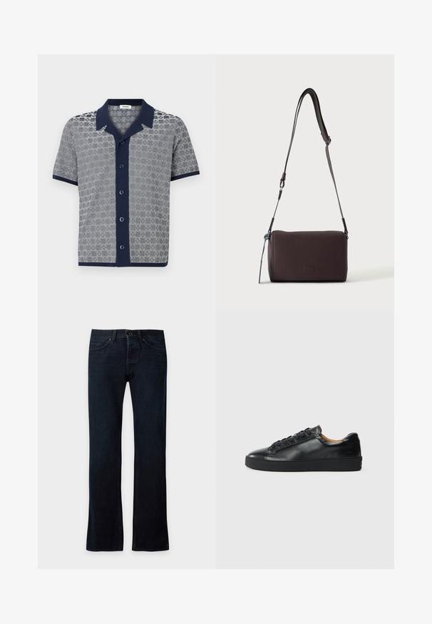Chemise à manches courtes avec col et patte de boutonnage bleu marine, présentant un motif texturé gris et blanc et une bordure bleu marine aux manches et à l'ourlet.; Jean denim bleu foncé droit avec fermeture bouton et zip à l'avant, poches avant et arrière, présenté à plat sur un fond clair.; Baskets en cuir noir avec une texture lisse, bout rond et fermeture à lacets. Comprend une semelle en caoutchouc épaisse et un minimum de détails de marque.; Sac bandoulière en cuir marron foncé texturé avec une sangle réglable et un petit accent décoratif bleu sur le côté.