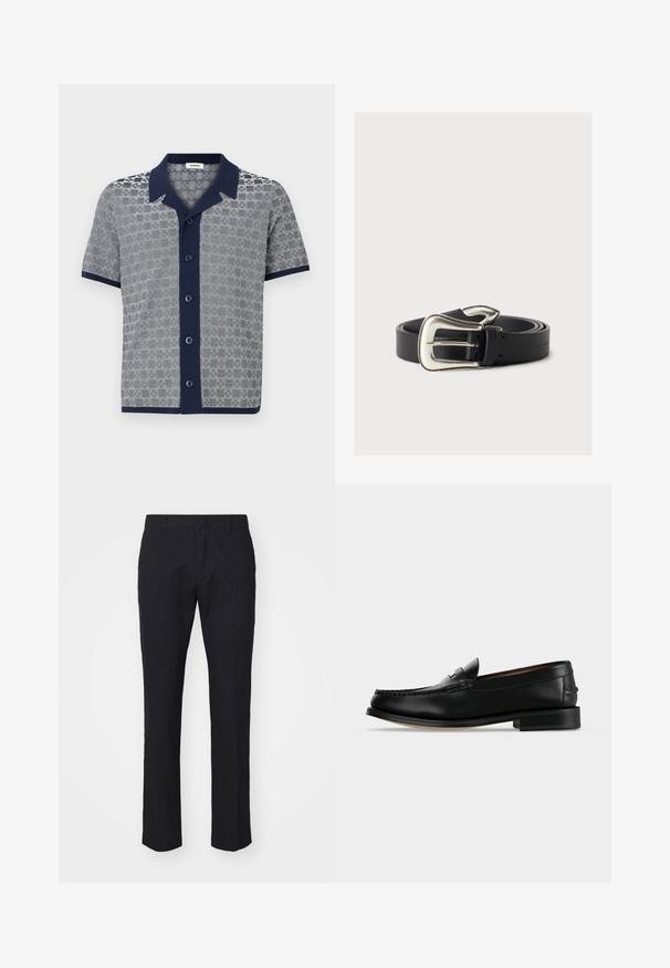 Chemise à manches courtes avec col et patte de boutonnage bleu marine, présentant un motif texturé gris et blanc et une bordure bleu marine aux manches et à l'ourlet.; Pantalon bleu marine avec une coupe ajustée, fabriqué en tissu lisse. Il présente un devant plat, des passants de ceinture et des jambes droites avec un ourlet soigné.; Mocassin homme en cuir noir avec un petit talon et une couture de style mocassin sur l'avant, vu de côté sur un fond uni.; Ceinture en cuir noir avec une grande boucle argentée de style western, enroulée sur un fond neutre.
