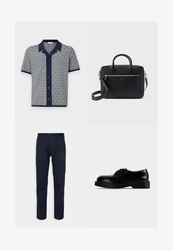 Chemise à manches courtes avec col et patte de boutonnage bleu marine, présentant un motif texturé gris et blanc et une bordure bleu marine aux manches et à l'ourlet.; Pantalon bleu marine en tissu lisse, avec une coupe droite, des passants de ceinture et un design minimaliste, sans motifs ni accents visibles.; Chaussure de ville noire en cuir poli à lacets, avec une semelle épaisse, un bout arrondi et un petit talon, montrée de profil sur un fond uni.; Serviette rectangulaire en cuir noir texturé avec double poignée, poche avant zippée et bandoulière réglable présentée sur fond blanc.