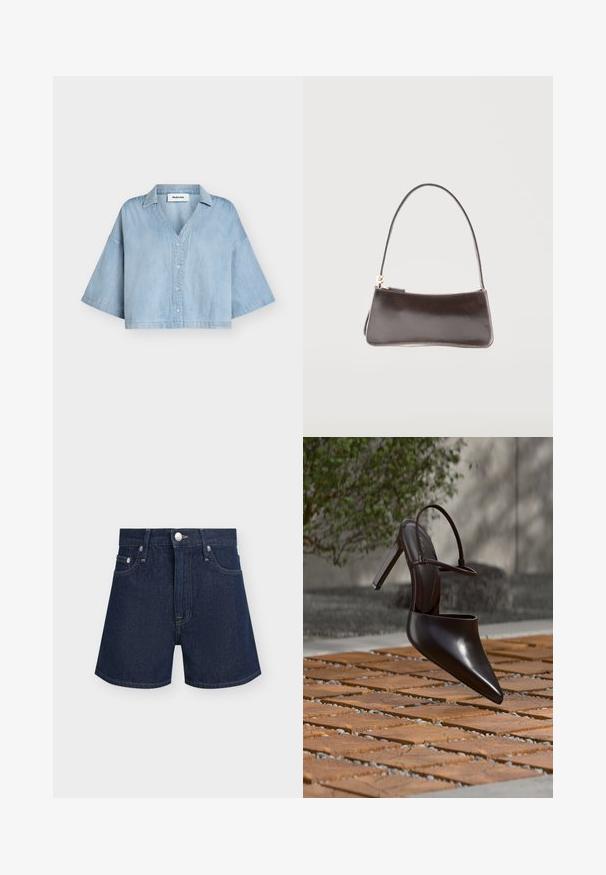 Chemise courte en jean bleu clair avec de larges manches jusqu'au coude, boutonnière à l'avant et col, présentée sur un fond uni.; Short en jean bleu foncé avec bouton et fermeture éclair à l'avant, passants de ceinture et poches avant sur fond clair uni.; Mule noire brillante à talons hauts avec bout pointu et bride à la cheville, suspendue au-dessus d'une surface carrelée en terre cuite avec des interstices remplis de gravier.; Petit sac à main rectangulaire en cuir marron foncé avec une bandoulière unique et une fermeture éclair dorée.